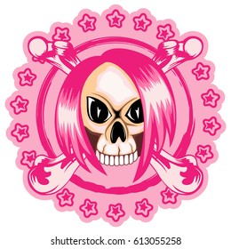 Vector illustration stamp emo skull with hair and crossed bones. For t-shirt design.