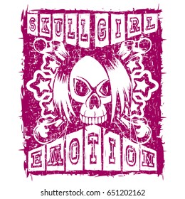 Vector illustration stamp emo skull with hair and crossed bones on grunge background. Inscription skull girl emotion. For t-shirt design.