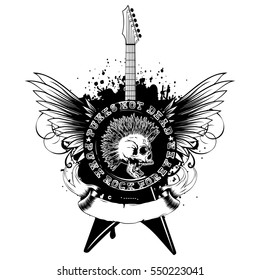 Vector illustration stamp and guitar on wings and grunge background. Imprint contains skull with mohawk and lettering punk not dead and punk rock forever. Design for t-shirt or poster print