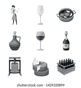 Vector illustration of stamp and restaurant sign. Collection of stamp and vineyard stock vector illustration.