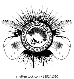 Vector illustration stamp skull with mohawk and lettering punk not dead and punk rock forever and crossed guitars on grunge background