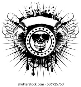 Vector illustration stamp with skull and stars on wings and grunge background