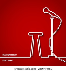 Vector Illustration Of Stand Up Comedy In Night Club For Design, Website, Background, Banner. Microphone Silhouette Outline Style Element Template. Fun And Jokes