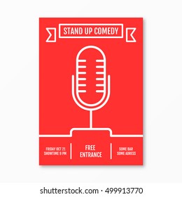 Vector Illustration of stand up Comedy in Night Club event for performance show poster design, Banner, wallpaper. Microphone silhouette sutline style. Element template on red background.