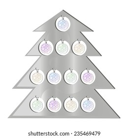 Vector illustration: Stand in form of silver Christmas thee with a set of translucent  christmas  balls made of green, blue, purple and beige crystals