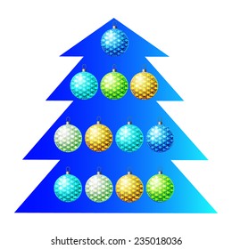 Vector illustration: Stand for jewels in form of blue Christmas thee with set of twelve bright sparkle christmas decorative ball made of yellow, golden, blue and green crystals