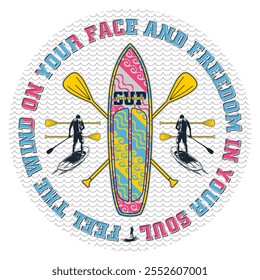 Vector illustration with Stand Up Paddle board lettering. SUP board emblem, logo, banners, posters and t-shirt printing