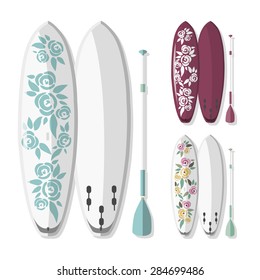 vector illustration of stand up paddle board and paddle with colorful flower background with shadow as template for your design, article or print