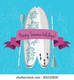 Vector illustration of stand up paddle board and paddle in flat design style. Signature "SUP boarding" on textured background. Template for your design, article or print 