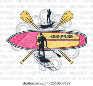 Ilustração vetorial de stand up paddle boards e paddles com fundo texturizado como para o seu design. Impressão de camisetas