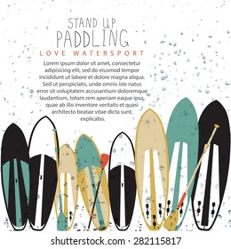 vector illustration of stand up paddle boards in flat design style with text and signature on textured background