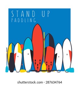 vector illustration of stand up paddle boards and paddles set  in flat design style with signature and text as template for your design, article or print