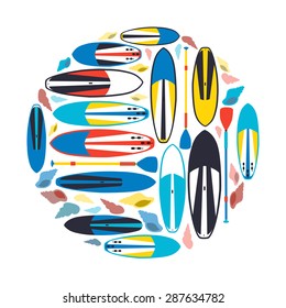 vector illustration of stand up paddle boards and paddles set in flat design style with signature and text as template for your design, article or print