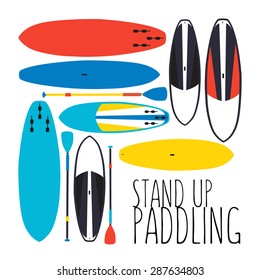 vector illustration of stand up paddle boards and paddles set in flat design style on textured background as template for your design, article or print