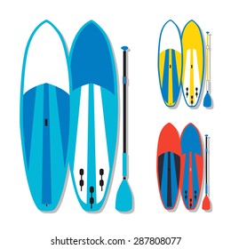 vector illustration of stand up paddle boards and paddles set in flat design style with shadow as template for your design, article or print