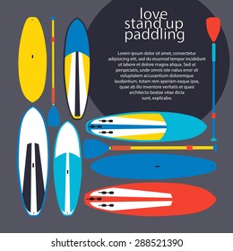 vector illustration of stand up paddle boards and paddles set in flat design style with signature and text as template for your design, article or print