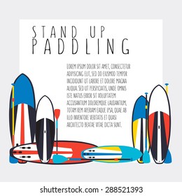 vector illustration of stand up paddle boards and paddles set  in flat design style with signature and text as template for your design, article or print