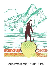 Vector illustration of a stand up paddler silhouette in the coastal region of Rio de Janeiro, Brazil.