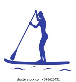 Vector illustration of stand up paddling female silhouette icon on a white background. Template for your design, article or print.