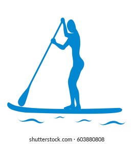 Vector illustration of stand up paddling female silhouette icon on a white background. Template for your design, article or print.