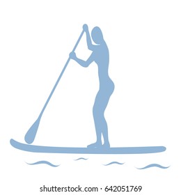 Vector illustration of stand up paddling female silhouette icon on a white background. Template for your design, article or print.