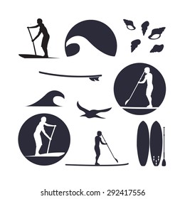 Vector illustration of stand up paddling silhouette icon set in flat design style. Template for your design, article or print 