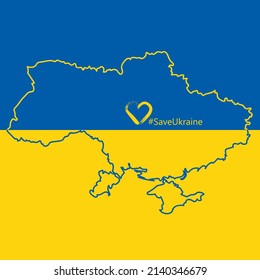 Vector illustration "Stand with Ukraine" with outline borders of country, blue-yellow national flag background and heart