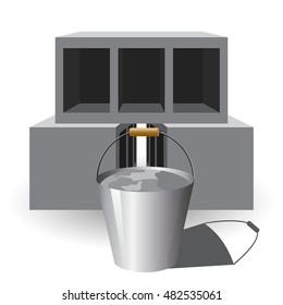 Vector illustration standard concrete building block for architectural works and metal bucket with concrete. 