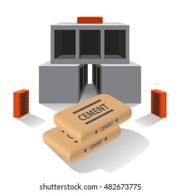 Vector illustration standard concrete building block for architectural works, bricks and cement bag.