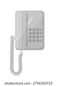 Vector illustration of a standard grey office landline telephone with a corded handset and round numeric keypad buttons. Stationary desk phone on white background.