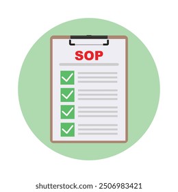 Ilustración vectorial de la lista de verificación del procedimiento operativo estándar. PORTAPAPELES SOP con icono de lista de comprobación. Ilustración plana de Portapapeles con el ícono de la lista de verificación para el Web con casillas de verificación verdes sobre fondo sólido.