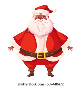 Vector illustration of standing african american Santa Claus. Flat cartoon style, colorful Christmas character design. Isolated funny man.