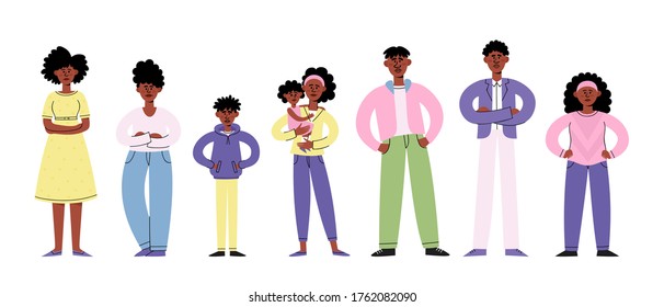 Vector Illustration Of Standing Afro American Men, Women And Kids In Flat Stile Isolated On White. Idea Of Demonstration For Racial Equality Poster, Website, Magazine.