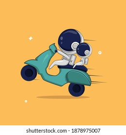 Vector illustration of a standing astronaut design with a motorbike, suitable for those who like astronauts, can be used as icons, logos and so on.