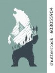 Vector illustration of a standing bear with a mountains landscape in its outlines. Cool trendy growling wild bear image with fir trees, peaky mountains.