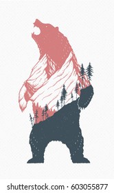 Vector illustration of a standing bear with a mountains landscape in its outlines. Cool trendy growling wild bear image with fir trees, peaky mountains.