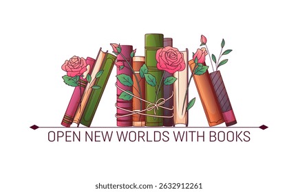 Ilustração vetorial de livros em pé com flores rosas na estante isoladas sobre fundo branco. Composição colorida. Livraria, livraria, biblioteca, amante de livros, bibliófilo, conceito de educação.