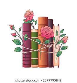 Vector illustration of standing books tied with rope with rose flowers isolated on white background. Colorful composition. Bookstore, bookshop, library, book lover, bibliophile, education concept.