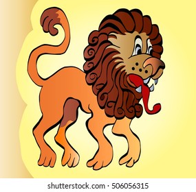 
    vector illustration of standing cartoon lion with a raised tail, mouth open and tongue hanging out 
