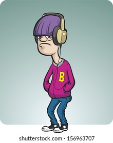 Vector illustration of standing cartoon teenager with headphones. Easy-edit layered vector EPS10 file scalable to any size without quality loss. High resolution raster JPG file is included.