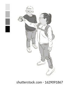 Vector illustration of standing children. An isolated image of children with raised hands. Children with glasses.