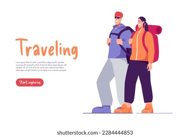 Vector illustration of standing couple of hikers travelers with backpacks.