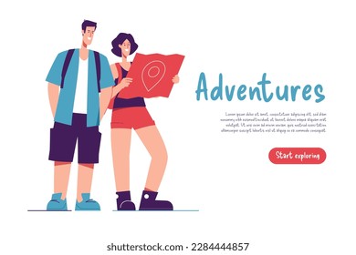 Ilustración vectorial de un par de turistas de pie de la era del viaje mirando el mapa.