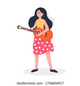 Vector illustration of a standing cute girl with long hair with a guitar in modern flat style. Woman playing the guitar, learning to play, hobby.