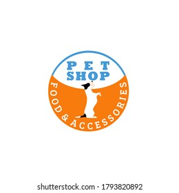 Vector illustration of standing dog silhouette in orange circle frame isolated on white background perfect for pet shop logo which provide food and accessories