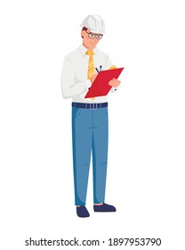 Ilustración vectorial de un ingeniero permanente con casco blanco y traje con corbata. Un hombre sostiene una tableta con notas y aprende o escribe los cálculos del proyecto o del trabajo.