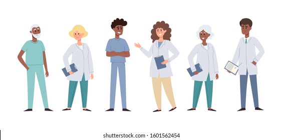 Vector illustration of standing european, african doctors and nurses isolated on white. Medical team concept used for donor day poster, hospital website, magazine.