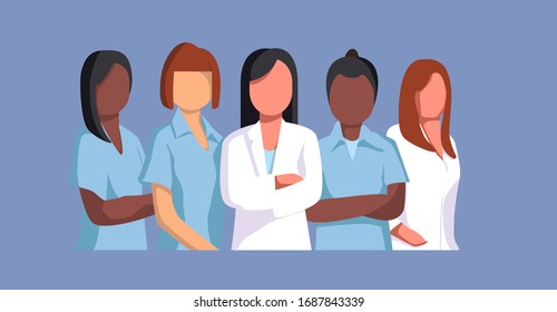 Vector illustration of standing european, african doctors and nurses isolated on white.Medical team of diferent woman.Concept of woman power. Coronovirus. Covid-19,Medical workers doctors group.vector