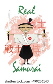 Vector illustration of standing fun cartoon with swords on abstract background with Japanese hieroglyphs signifying warrior, samurai and thunder. Can be use as t shirt print. Vector