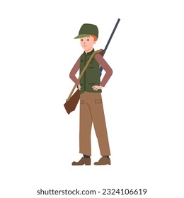 Vector illustration of standing hunter with shotgun, rifle in camouflage isolated on white background. Minimalist cartoon style of hunting equipment, ammunition tourism element.